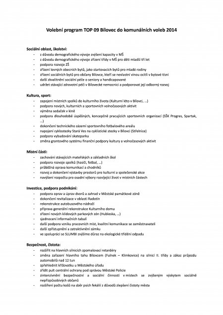 Volební program TOP 09 Bílovec pro komunální volby v roce 2014