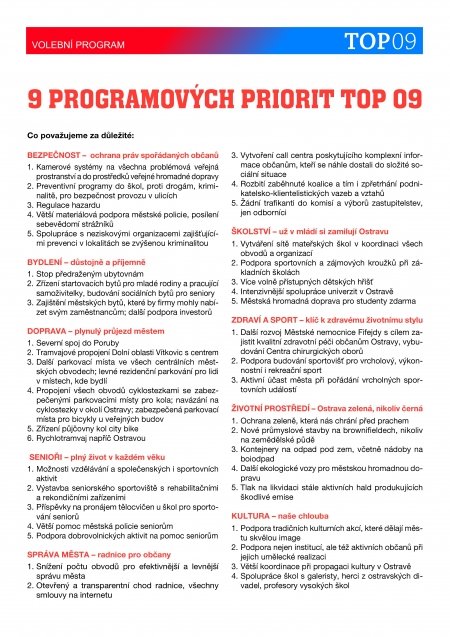 TOP 09 Ostrava: Programové priority