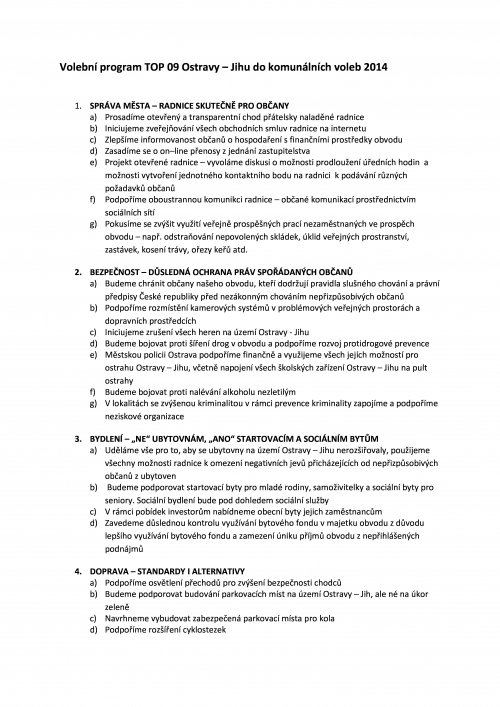 Volební program TOP 09 Ostrava - Jih pro komunální volby 2014