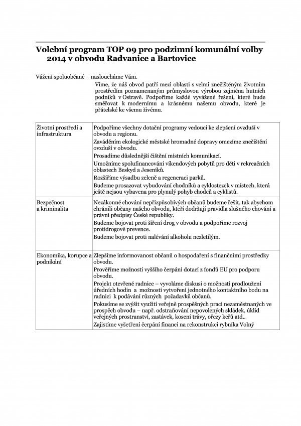 Volební program TOP 09 pro podzimní komunální volby 2014 v obvodu Radvanice a Bartovice