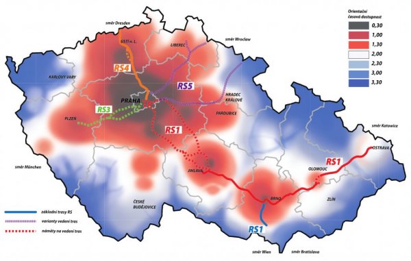Mapa orientační časové dostupnosti hlavního města Prahy (bez modernizace/výstavby regionálních tratí