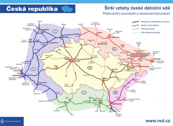 Mapa plánované dálniční sítě s vyznačením provozovaných úseků