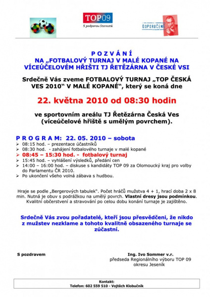 Pozvánka na fotbalový turnaj TOP 09 v malé kopané v České Vsi