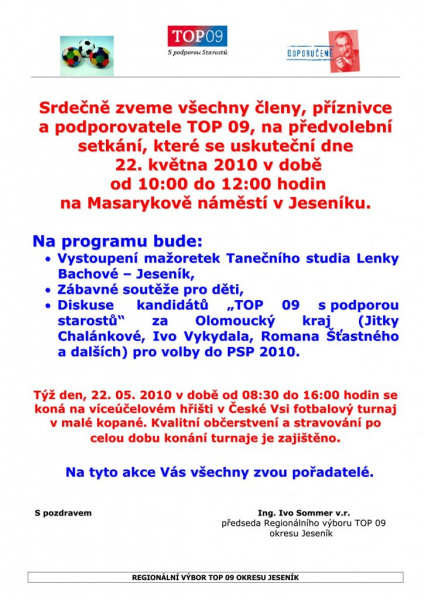 Pozvánka na mítink TOP 09 v Jeseníku