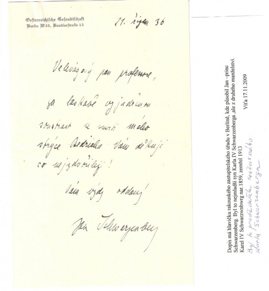 Dopis knížete Jana Schwarzenberga dědečkovi z 21.10.1936
