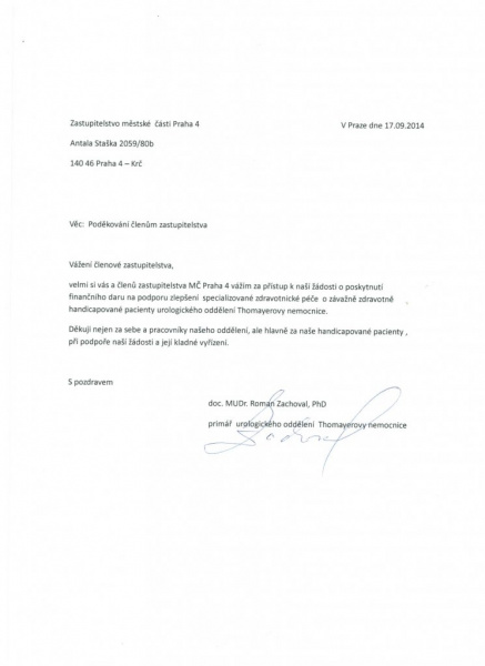 Finanční dar pro urologické oddělení Thomayerovy nemocnice se setkal s pozitivním ohlasem