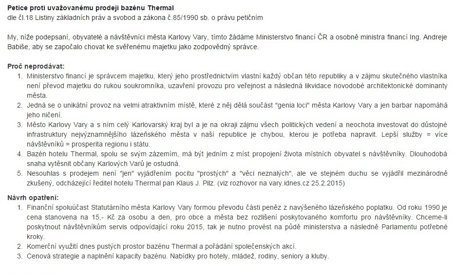 Petice proti uvažovanému prodeji bazénu Thermal