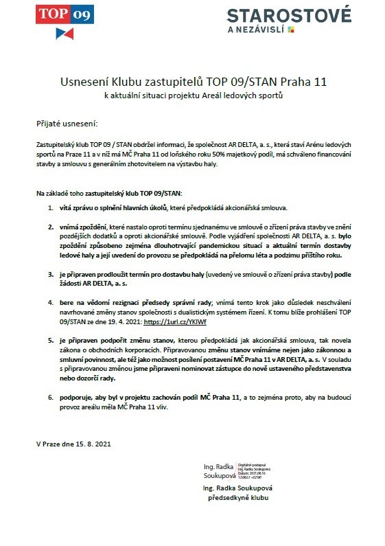 Usnesení Klubu zastupitelů TOP 09/STAN Praha 11 k aktuální situaci projektu Areál ledových sportů