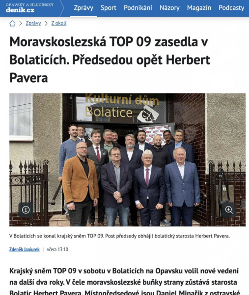 Moravskoslezská TOP 09 zasedla v Bolaticích. Předsedou opět Herbert Pavera