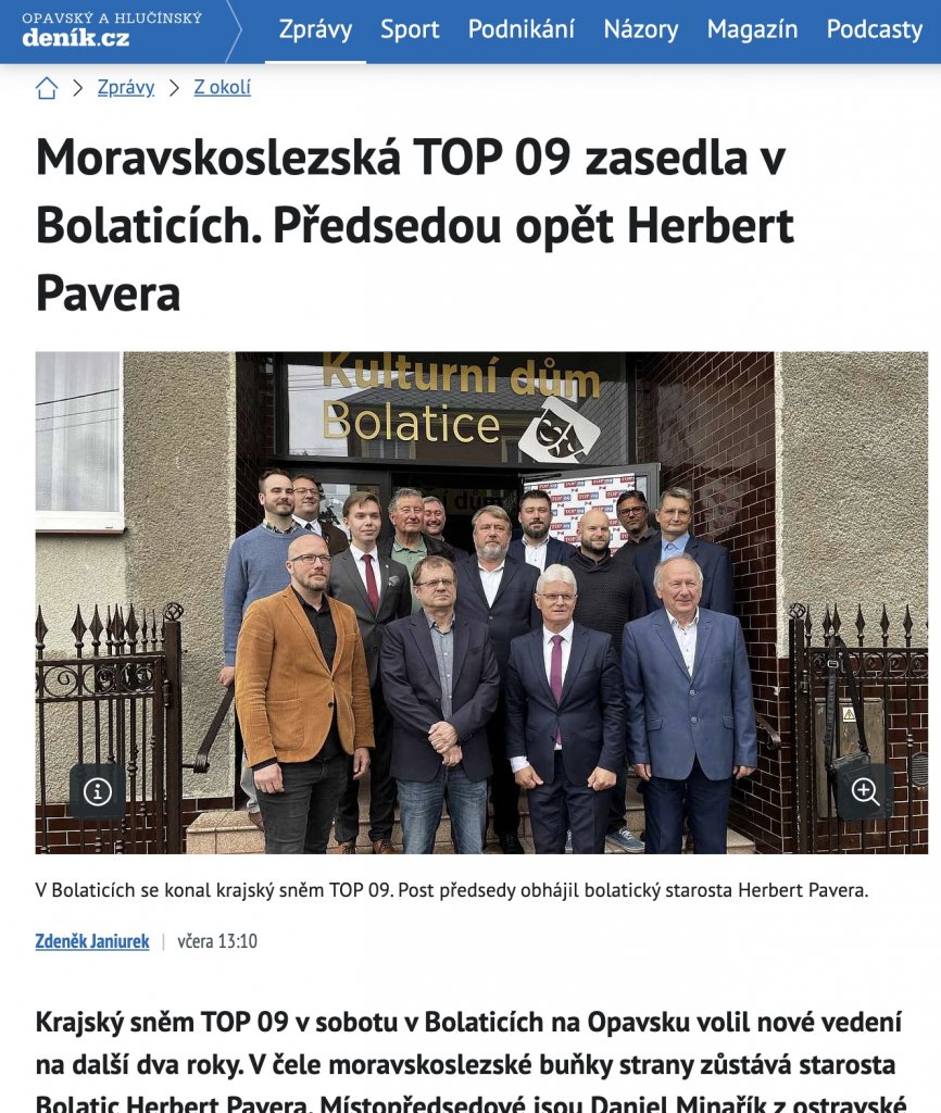 Moravskoslezská TOP 09 zasedla v Bolaticích. Předsedou opět Herbert Pavera